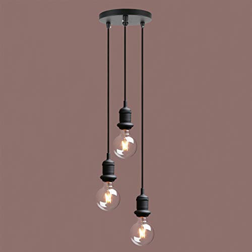 Yosoan Lighting Industrial Loft Bar Cluster 3 Pendant Light Fittings, Vintage Triple Hanging Pendant Ceiling Lights for Kitchen Island Living Room Dining Room (Black)