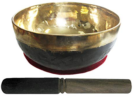 Bengali KLANGSCHALE 650-700g Handarbeit 3-tlg Set mit Zubehör. Gold schwarze Schale + Klangschalenkissen + Klöppel (Holz-Leder). 81600-8