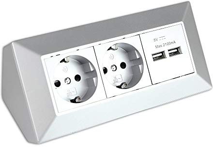 Steckdose silber 2-fach mit USB für Küche und Büro - Ecksteckdose aus hochwertigem Kunststoff ideal für Arbeitsplatte, Tischsteckdose oder Unterbausteckdose mit 2-fach Steckdosenelement und