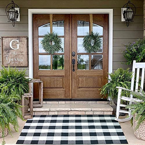 KaHouen Baumwoll-Buffalo Plaid Teppiche (89.9 x 150 cm), schwarz und weiß kariert, gewebter Überwurf, Bodenmatte, Veranda/Küche/Badezimmer/Eingangsbereich (90 x 150 cm), Schwarz / Weiß