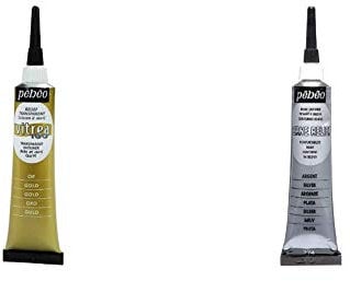 Pebeo Vitrea 160 Glass Paint Outliner 20-Milliliter Tube, Gold,Gold & 20 ml Vitrail Stained Glass Effect Cerne Relief Tube with Nozzle, Silver