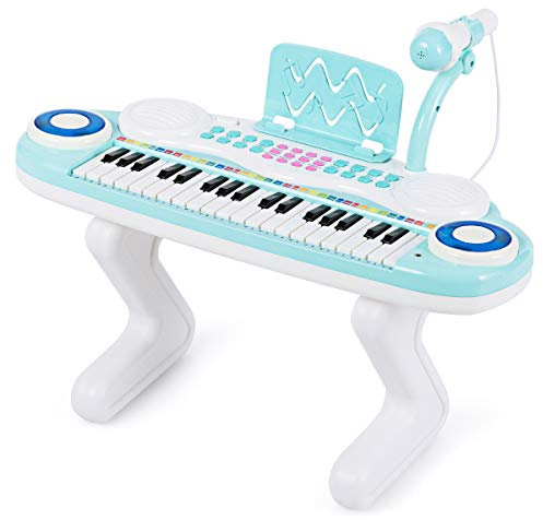 COSTWAY 37 Tasti Pianoforte Digitale Pianoforte per Bambini, Tastiera Elettronica Portatile, con Microfono e Luci, Funzionamento Registrazione e Playback, 18+ Mesi, 48 x 20 x 38 cm (Azzurro)