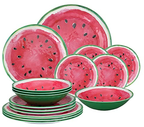 UP ware - Juego de vajilla de melamina de 16 piezas, incluye platos llanos, platos de ensalada, platos de postre, cuencos, servicio para 4. (sandía)