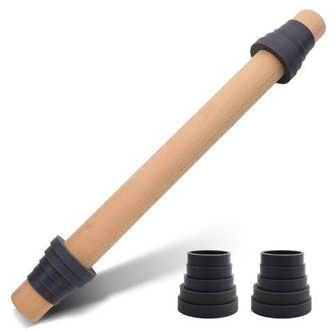 Adjustable 17.5 Inches Wood Rolling Pin with Thickness Rings for Baking -Non Stick Wooden Dough Roller Pin with Spacer Bands for Cookie,Pie Crust, Pastry Fondant By Folksy Super Kitchen(17.5, Grey)