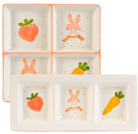 Nicola Spring 2 Piece Easter Bunny Snack Plates Set - Hand Painted Buffet Party Serveware Tableware - White