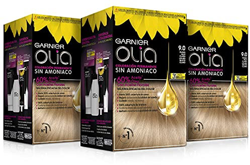 Garnier Olia - Pack de 3 coloración permanente sin amoniaco para un olor agradable con aceites florales de origen natural, color tono 9.0 rubio muy claro