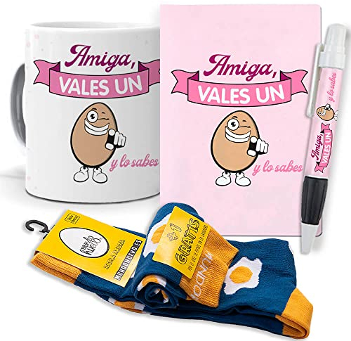 Super Regalo Personalizado para Amigas. Amiga molas un Huevo. Taza, libreta, boli y Trio de Calcetines