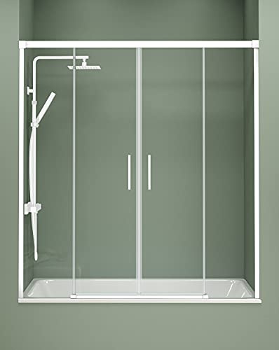 Mampara Bañera Frontal Corredera | Frente de Bañera de 2 Fijos + 2 Puertas Correderas Apertura Central | Cristal templado de 6mm ANTICAL | Altura 150cm | Blanco Mate 170 cm (Adaptable 164-169cm)