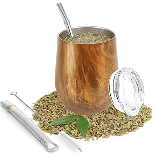 ROCKY&CHAO Kit Tasse à Maté | Yerba Mate En Acier Inoxydable | Calebasse Naturelle + Paille Bombilla + Goupillon | Tasse Maté Set Pour Boire Le Maté De Yerba