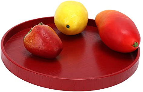 Serviertablett, Holztablett Runden Tablett Vintage Serviertablett für Frühstück Tee Couchtisch Tablett für Früchte Süßigkeiten Lebensmittel Home Decoration Rot(24cm)
