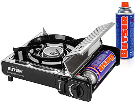 COCINA PORTÁTIL MS-2000 DUAL + 2 Cartucho Gas B250 - Encendido piezoeléctrico - Con maletín de transporte - Acero inoxidable (Cocina + 2 Cartuchos)