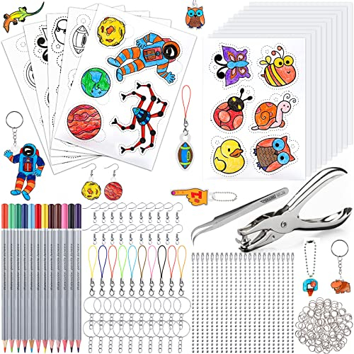 Frasheng 204 Stück Schrumpffolie Set,Schrumpffolien Set zum Basteln,Inklusiv A5 Schrumpfpapier,Schlüsselanhänger,Bleistifte,Locher,Pinzette für DIY,Schrumpffolien Set für Kinder