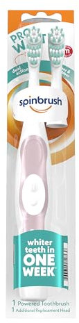 Spinbrush Pro Whiten - Cepillo de dientes eléctrico a pilas, cerdas medianas, pilas incluidas, 1 cepillo y 1 cabezal de repuesto