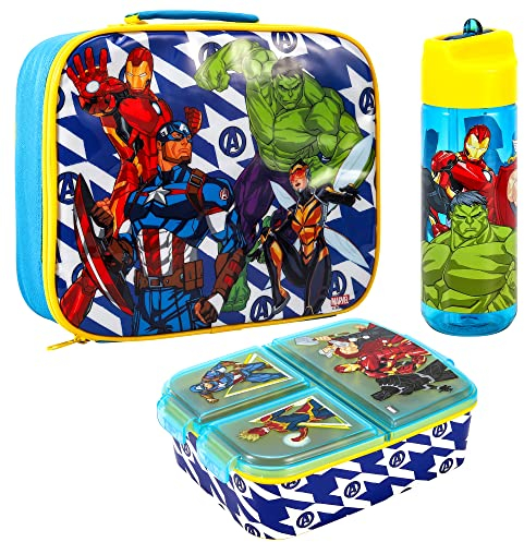 Zawadi Global Avengers Kids Childrens Lunch Box Set – Insulated Lunch Bag, Multicompartment Lunch Box & 540ml Water Bottle - School Travel Lunch Food Set, BPA Free