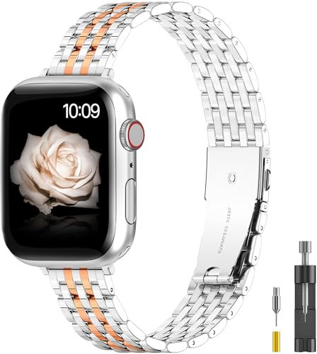 TISIMO Bracelet de montre pour Apple Watch 45 mm, 44 mm, 42 mm, 41 mm, 40 mm, 38 mm, 49 mm, Ultra Series 8 7 6 5 4 3 2 1 SE SE2 pour homme et femme, 45 mm, argent or rose)