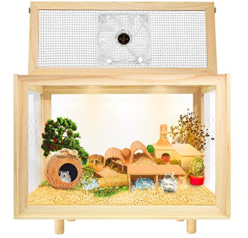 Große Hamsterkäfige – Holz-Hamstermäuse und Ratten-Lebensraum mit Ventilator, Kleintierkäfige für Kaninchen, Meerschweinchen mit wasserdichter Bodenplatte