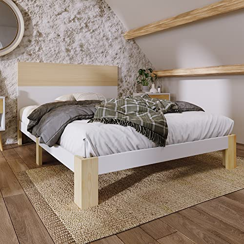 Kayan Holzbett Doppelbett mit Kopfteil Stauraumbett aus Bettgestell mit Lattenrost-90x200 cm Natürlich& Weiß Klassischen Landhausstil (90x200 cm)
