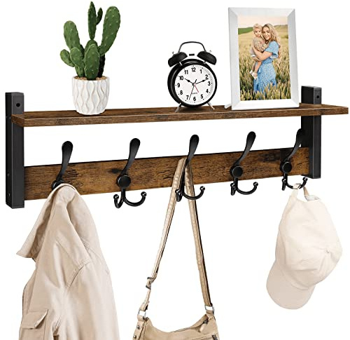 Homode Porte-manteau mural rustique marron avec étagère et 5 crochets tri, cintres en bois pour accrocher chapeau, serviette, sac à main, veste