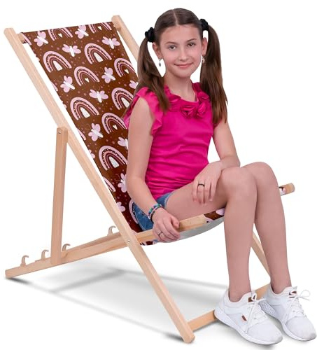 DreamRoots Kinder Liegestuhl Holz Gr. M, Butterflies and Rainbows | Klappbarer Campingstuhl faltbar, für Garten & Strand, bis 130 kg, waschbarer Bezug, 100% Polyester, UV-beständig, Kinderliege