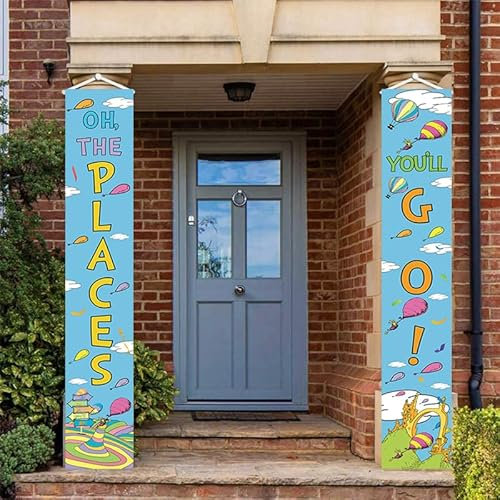LOONELO Oh The Places You'll Go Porch Banner with 70.9''X11.8'', Oh The Places You'll Go Hanging Party Decorations, Dr. Seuss Hanging Banner for Kindergarten Preschool Graduation Supplies (Blue)