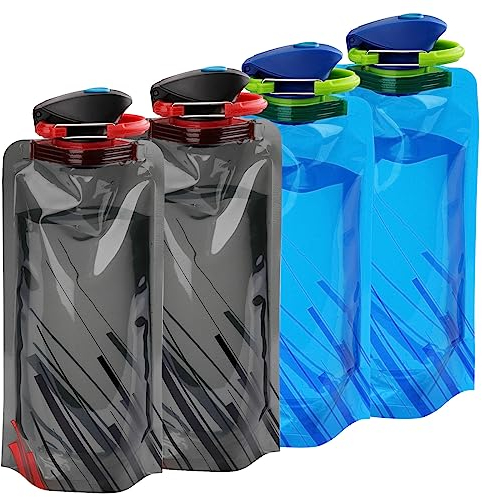 LEMONSTONE 4 Stück Faltbare Trinkflasche 700ML, Wiederverwendbare Trinkflasche, BPA-Frei, Trinkflaschen Faltbar für Wandern, Reisen, Abenteuer, Fitness (Schwarz & Blau)
