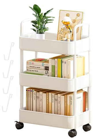 BUNIQ Storage Trolley 3-Tier Rolling Utility Cart Storage Shelf Rack On Wheels and Hooks, Rolling Cart Storage Organizer, Multi Purpose Storage Shelf for Kitchen, Bathroom, Bedroom, Dressers