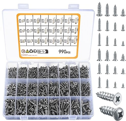 Set di 990 viti autofilettanti M3/M4/M5/M6, viti per legno a croce per viti per calcestruzzo, 500 pezzi, testa piatta, 490 pezzi