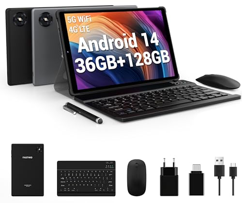 FASTWD Tablet 10 Zoll Android 14 Tablet 5G WiFi 4G LTE,36GB RAM+128GB ROM,8MP+13MP,FHD1920*1200 incell,8000mAh,FaceID,Tablet mit Tastatur,Maus,Holster,Stift,Schwarz