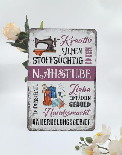 Retro Nähen Blechschild mit Spruch 20x30cm - NÄHSTUBE - Retro Nähmaschine Schild mit Nadel Faden - Nähzubehör Wanddeko Geschenk für Nähzimmer Nähbegeisterte