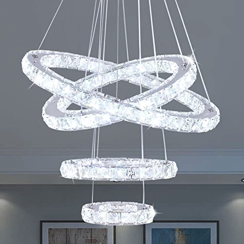 Finktonglan LED Kronleuchter, 4 Ringe Moderne Kristall Kronleuchter Esszimmer Wohnzimmer LED Decke Pendelleuchte Einstellbare Edelstahl Kristall Kronleuchter (Kühl Weiß)