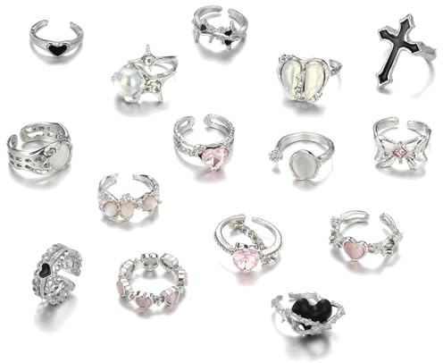 Hifot 15 Stück Y2K Ringe für Damen Mädchen Gothic Opal Ring Silber Set, Punk Grunge Vintage Ringe Mondstein Stern Dorn Herz Kreuz Y2K Accessoires Schmuck