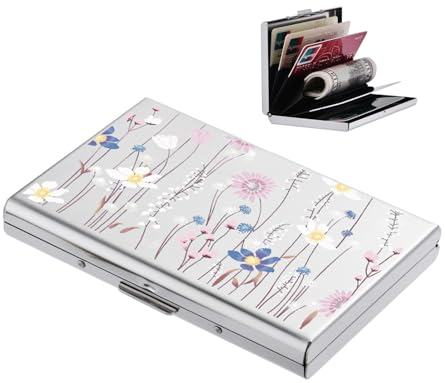 BONSYL® Porte Carte de Crédit en Métal avec Blocage RFID pour Hommes et Femmes, Fin Portefeuille Carte de Crédit en Acier Inoxydable pour 6 Cartes. (6 Cartes/Argent/Fleur)