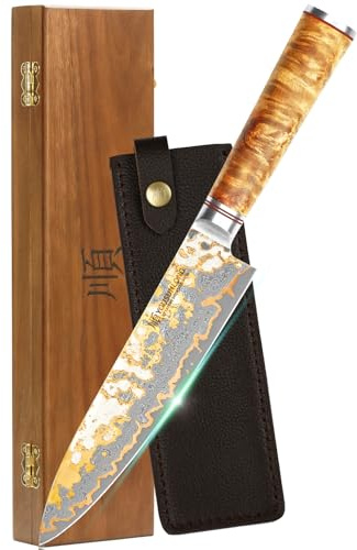 YOUSUNLONG Cuchillo de cocina - Hoja de Acero de Damasco de Cobre de 200mm hecha a mano en Japón - Cuchillo de Chef Profesional - Cuchillo Afilado para Rebanar - Mango de Madera Naturel Burl