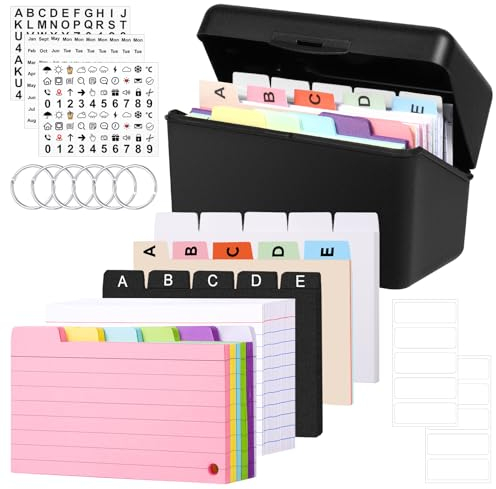 Karteikasten Box, 14,5 x 9 x 8cm Lernkarteibox Schwarz inkl. 6 Ringen 350 Karteikarten 15 Trennkarten 6 Aufkleber 10 Etikett für Studenten Lernen Notizen Unterwegs