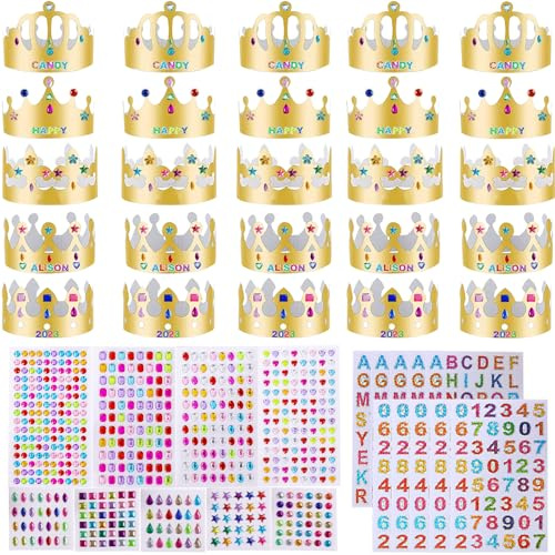 25 Pcs Papier Kronen Gold Papier Party Hüte mit 9 Blätter Strass Aufkleber und 10 Blätter Zahl Buchstaben Aufkleber, Goden Papier Party Krone Hüte DIY Prinzessin Prinz Krone Set für Geburtstagsparty