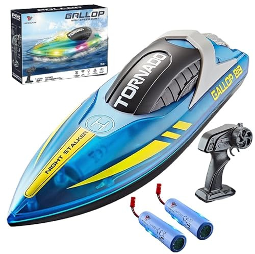 OBEST Ferngesteuertes Boot mit Lichtern 2.4GHz RC Boot Ferngesteuertes Rennboot 2 Batterien Boote ferngesteuert für Kinder ab 6 7 8 9 10 Spielzeug Geschenke für Kinder