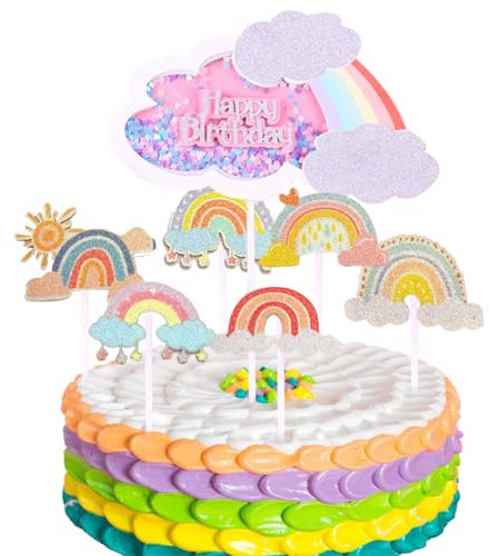 KOBOKO Glitzerpartikel Regenbogen Cake Topper Tortendeko, Happy Birthday Regenbogen Tortendeko, Macaron Farbe Regenbogen Kuchen Deko, Regenbogen Tortendeko für Kinder Mädchen
