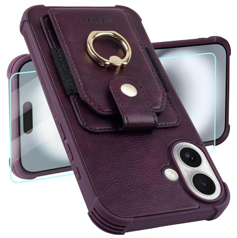MONASAY for iPhone 16 5G 6.1 inch Wallet Case with 360° Rotation Ring Stand[Glass Screen Protector][RFID Blocking] Leather Phone Cover with Card Holder for Women and Men, Purple