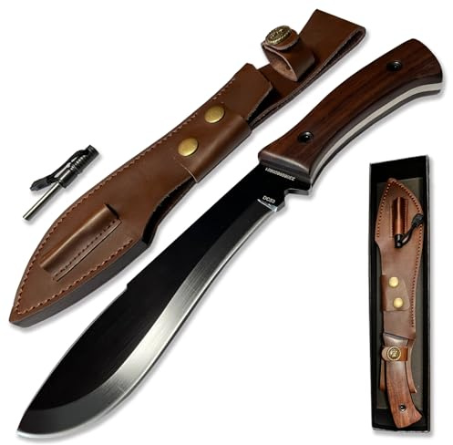 QIXENIO 34,5 cm Full-Tang Jagd-, Survival-, Camping- und Bergsteigenmesser, mit gebogener Klinge, Rostschutzbeschichtung, Ebenholzgriff und Lederholster