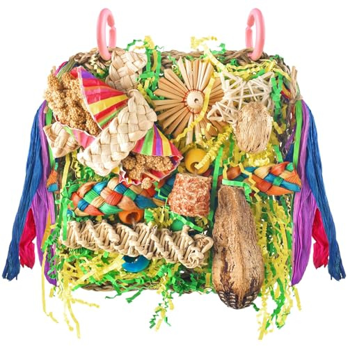 ERKOON Foraging Toys for Parakeets, Lovebirds, Conures - Hanging Wall with Colorful Shredding Seagrass (Yellow+Green)