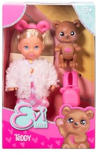 Simba Evi Love Teddy, Spielpuppe mit Einer Flauschigen Jacke, mit Bärenhaarreif, Schuhe, Rucksack und Teddy, 12cm, ab 3 Jahren