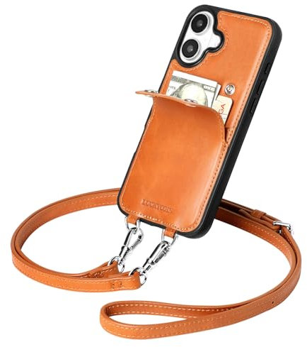 LUCKYCOIN Leather Wallet Phone Case for iPhone 16 Plus with Wrist Strap/Card Holder,Genuine Leather Travel Crossbody Case for Women,Purse Cover for Girl,Pouch Case with Adjustable Neck Cord-Brown