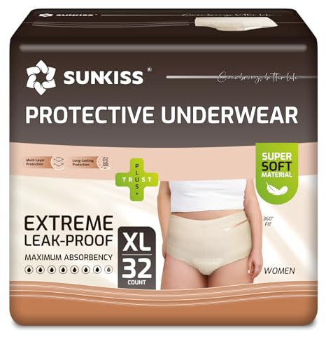 SUNKISS Incontinence Pants Women,UK Size 18-24,Beige, XLarge, 32 Count | Daytime Disposable Postpartum Underwear, Protective Maternity Pull Ups