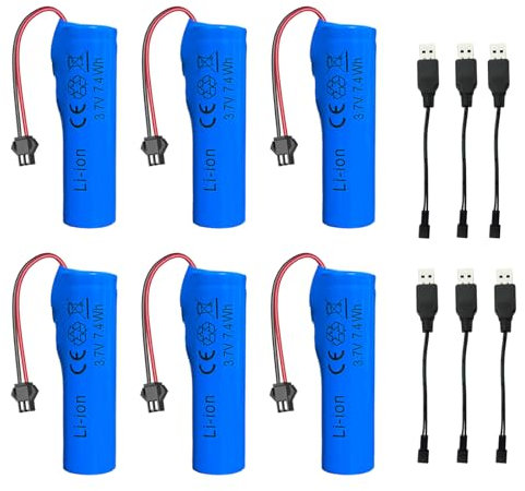 Golgner 6 Stück 1200mAh 3.7V RC Akku, Li-ion Akku, Wiederaufladbare RC Batterie, Li Ion Power Ersatz, mit 6 USB Chargers SM-2P Plug, für Ferngesteuertes Auto, Boote, Autos, Roboter