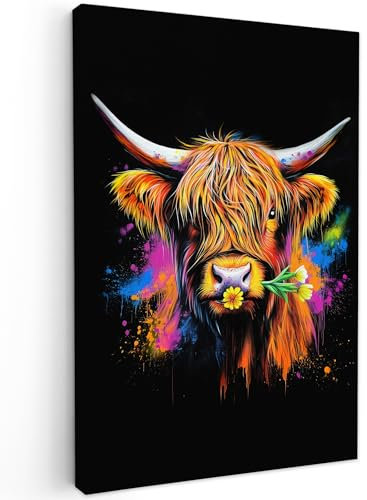 MuchoWow© Leinwandbilder Groß 80x120 cm XXL Wall Art Decoration Bilder für die Wand Schlafzimmer Deko Canvas Painting Wanddekoration Wohnzimmer Schottisches Hochlandrind - Graffiti - Bunt - Blume - Ti