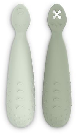 Suavinex, Pack de 2 Precucharas de Aprendizaje, Cucharas BLW de Silicona, con Mango Antideslizante y Punta Plana Texturizada, Ergonómicas, Forma Simétrica, Aptas Lavavajillas, +6 Meses, Verde, 2 Uds