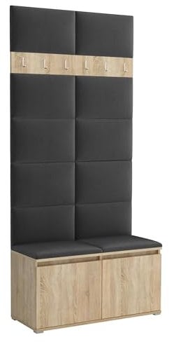 Brent - Garderobenschrank Flur Sonoma Eiche mit sitzbank 100 cm Breit Luton 1 - Multifunktionale Flurgarderobe Set mit Stauraum und Wandpaneel, Garderobe mit Sitzfläche und Kleiderhaken