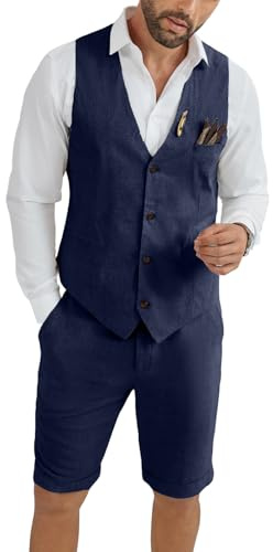 HUEZOE Mens Linen Suit 2 Piece Short Suits for Men Casual Summer Beach Groom Wedding Suit Linen Vest Shorts Set, Navy Blue, 4XL