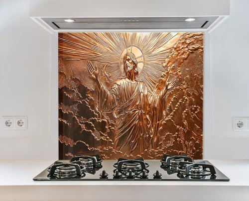 Myphotostation 110x70cm Copper Jesus Glass Splashback for stove Tempered Glass Backsplash, Glass Backguards For Kitchen, Stove Wall Protector, Cooker Wall Panel, Stove Back Cover