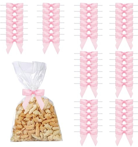 XIABYAYU Mini Satinband Schleifen, 50 Stück Kleine Schleifen Rosa, Geschenkschleife, Weihnachtsschleifen Klein für Geschenktüten, Snacktüten, DIY, Geschenkverpackung